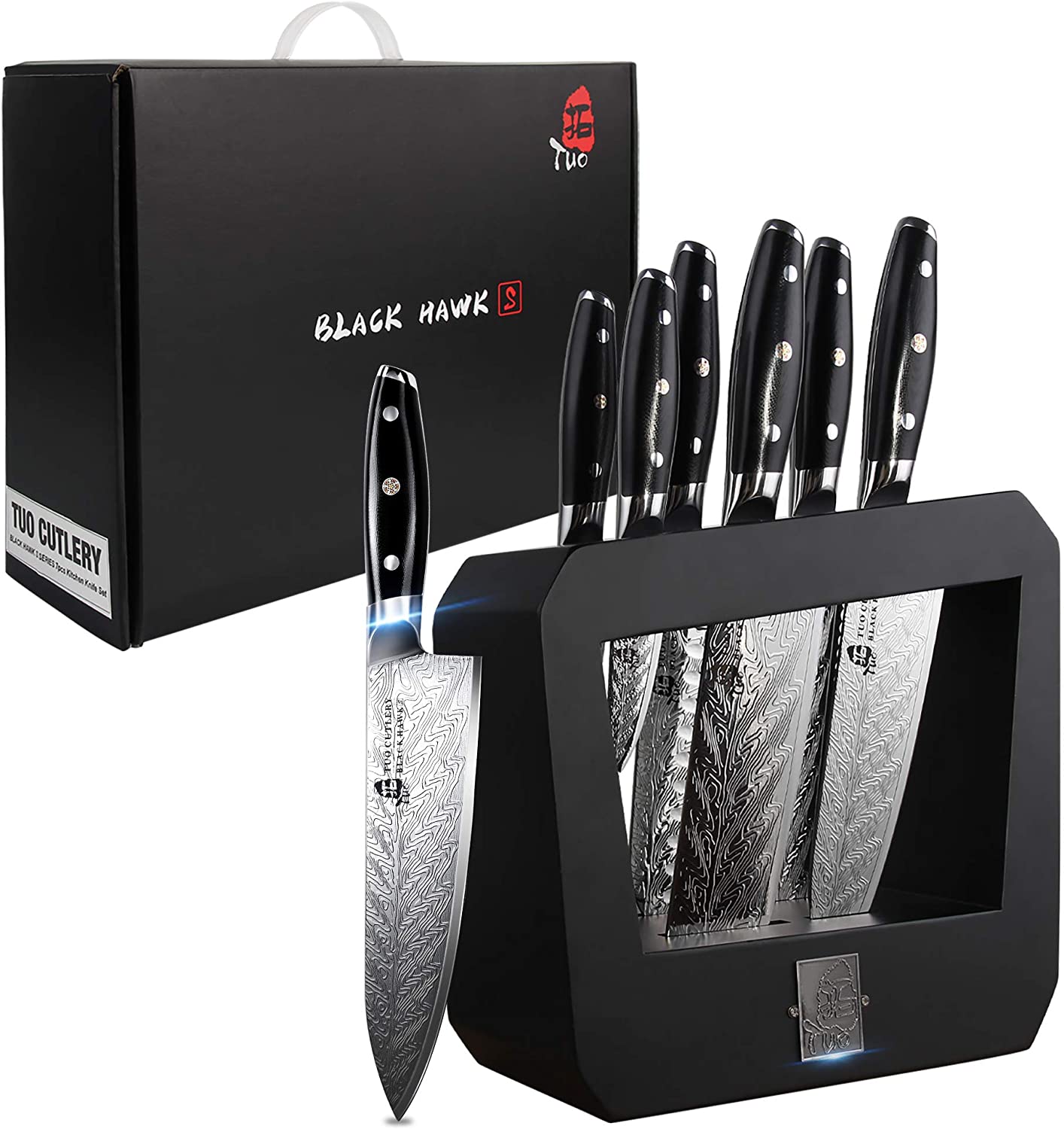 TUO Knife Set - Kitchen Knife Set with Wooden Block 7 pieces - G10 Full Tang Ergonomic Handle - BLACK HAWK S SERIES with Gift Box