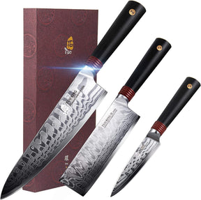 TUO Damascus Kitchen Knife Set 3 Piece, 8" Chef Knife, 6.5" Nakiri Knife and 3.5" Paring Knife, Japanese AUS-10 High Carbon Stainless Steel, Full Tang G10 Handle - Gift Box - Ring-D Series