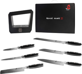 TUO Knife Set - Kitchen Knife Set with Wooden Block 7 pieces - G10 Full Tang Ergonomic Handle - BLACK HAWK S SERIES with Gift Box