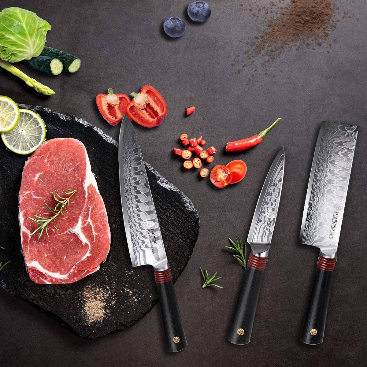 TUO Damascus Kitchen Knife Set 3 Piece, 8" Chef Knife, 6.5" Nakiri Knife and 3.5" Paring Knife, Japanese AUS-10 High Carbon Stainless Steel, Full Tang G10 Handle - Gift Box - Ring-D Series