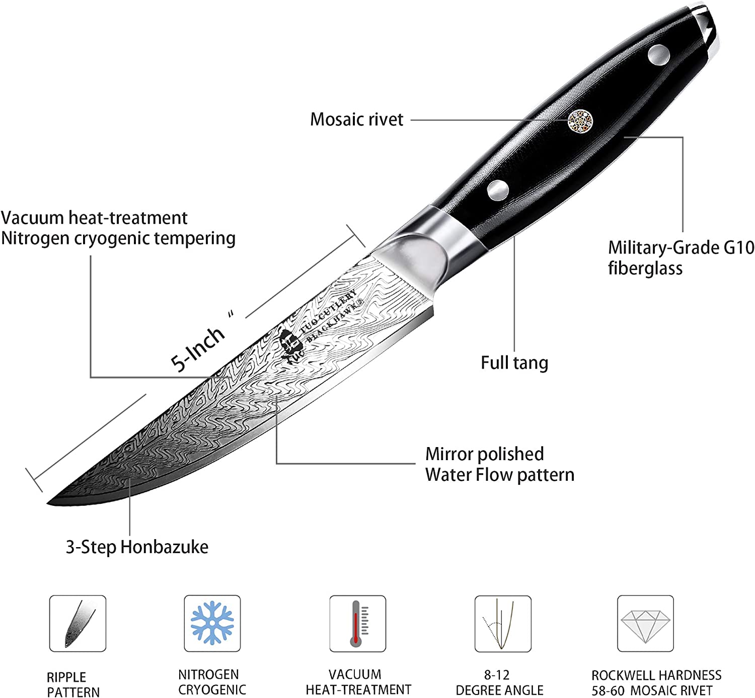 TUO Steak Knife - 5 inch Professional Kitchen Steak Knife Set of 4 - Kitchen Dinner Knives - G10 Full Tang Handle - High End Knife Set - BLACK HAWK S Series