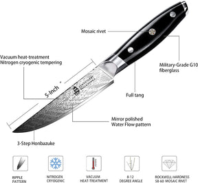 TUO Steak Knife - 5 inch Professional Kitchen Steak Knife Set of 4 - Kitchen Dinner Knives - G10 Full Tang Handle - High End Knife Set - BLACK HAWK S Series