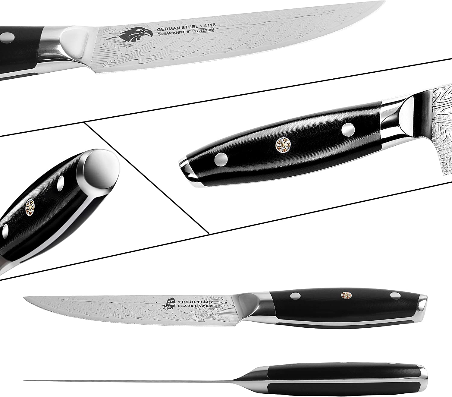 TUO Steak Knife - 5 inch Professional Kitchen Steak Knife Set of 4 - Kitchen Dinner Knives - G10 Full Tang Handle - High End Knife Set - BLACK HAWK S Series