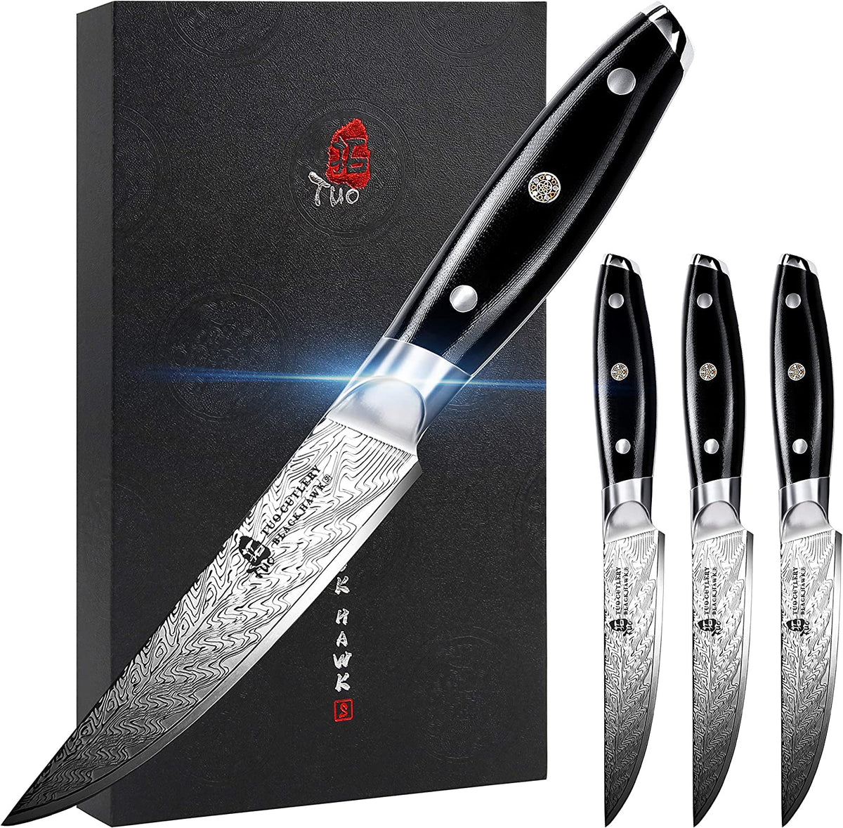 TUO Steak Knife - 5 inch Professional Kitchen Steak Knife Set of 4 - Kitchen Dinner Knives - G10 Full Tang Handle - High End Knife Set - BLACK HAWK S Series